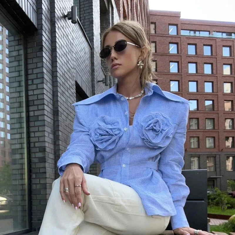 Flytonn-Fairy Grunge 3D Floral Plaid Shirt  90s Vintage Long Sleeve Lapel Button Women Shirt French Aesthetic Trendy Fashion Streetwear