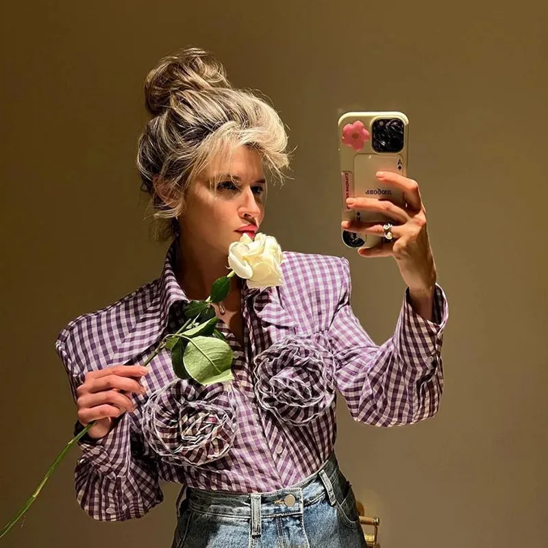 Flytonn-Fairy Grunge 3D Floral Plaid Shirt  90s Vintage Long Sleeve Lapel Button Women Shirt French Aesthetic Trendy Fashion Streetwear