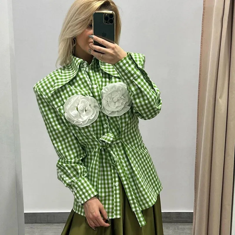 Flytonn-Fairy Grunge 3D Floral Plaid Shirt  90s Vintage Long Sleeve Lapel Button Women Shirt French Aesthetic Trendy Fashion Streetwear