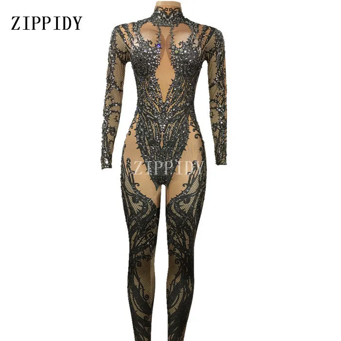 Hollow Black Crystals Stretch Jumpsuit Sexy Nightclub Bar Dance Wear Bodysuit Leggings Celebrate Outfit Performance Clothing