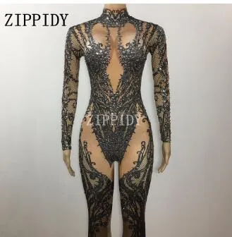 Hollow Black Crystals Stretch Jumpsuit Sexy Nightclub Bar Dance Wear Bodysuit Leggings Celebrate Outfit Performance Clothing