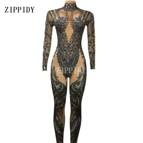 Hollow Black Crystals Stretch Jumpsuit Sexy Nightclub Bar Dance Wear Bodysuit Leggings Celebrate Outfit Performance Clothing