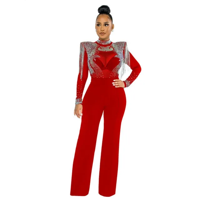 Hot Drill Mesh Shoulder Jumpsuit