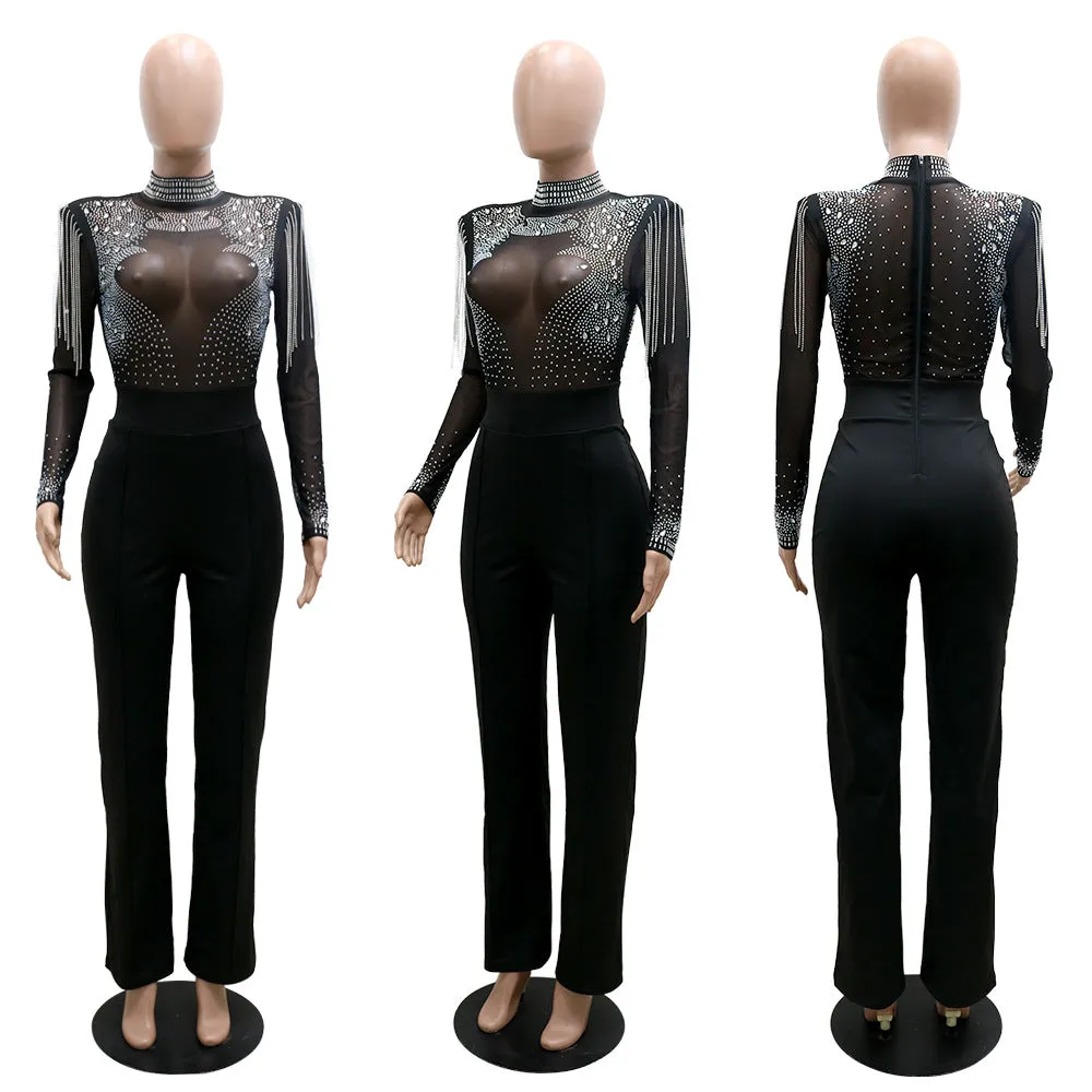 Hot Drill Mesh Shoulder Jumpsuit