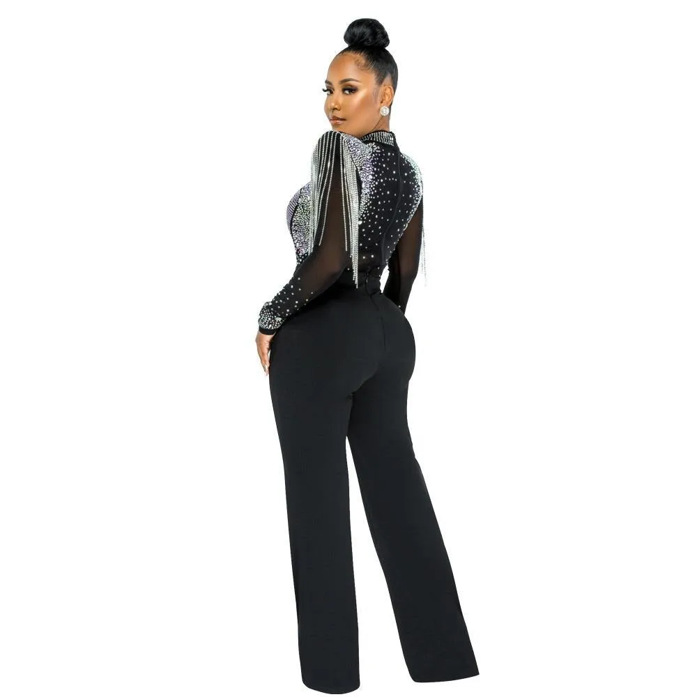 Hot Drill Mesh Shoulder Jumpsuit