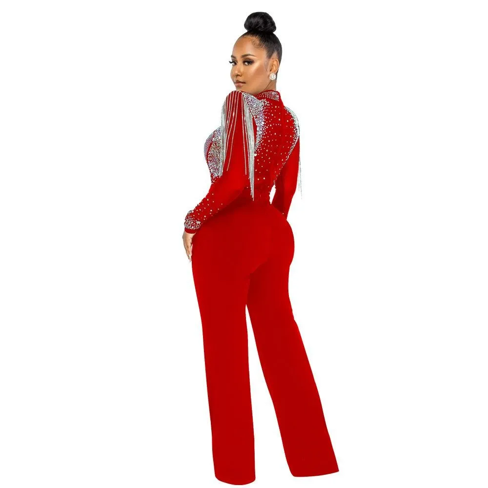 Hot Drill Mesh Shoulder Jumpsuit