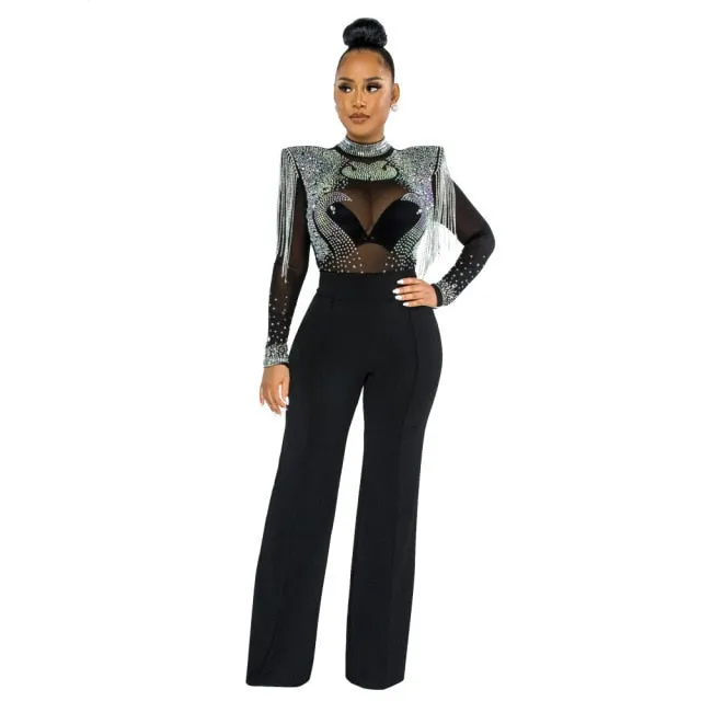 Hot Drill Mesh Shoulder Jumpsuit