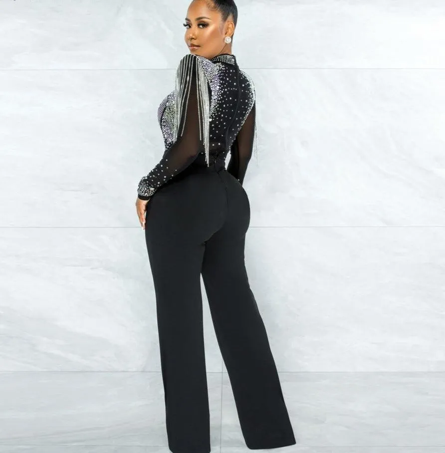 Hot Drill Mesh Shoulder Jumpsuit