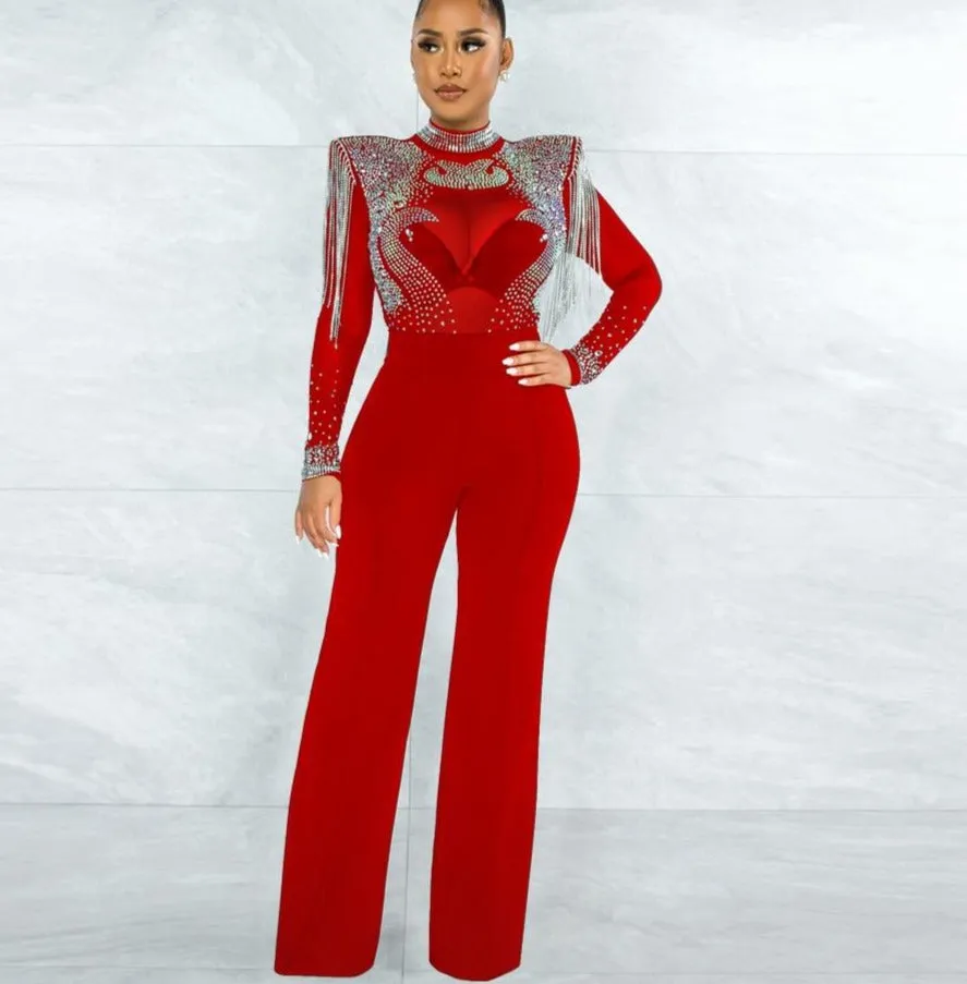 Hot Drill Mesh Shoulder Jumpsuit