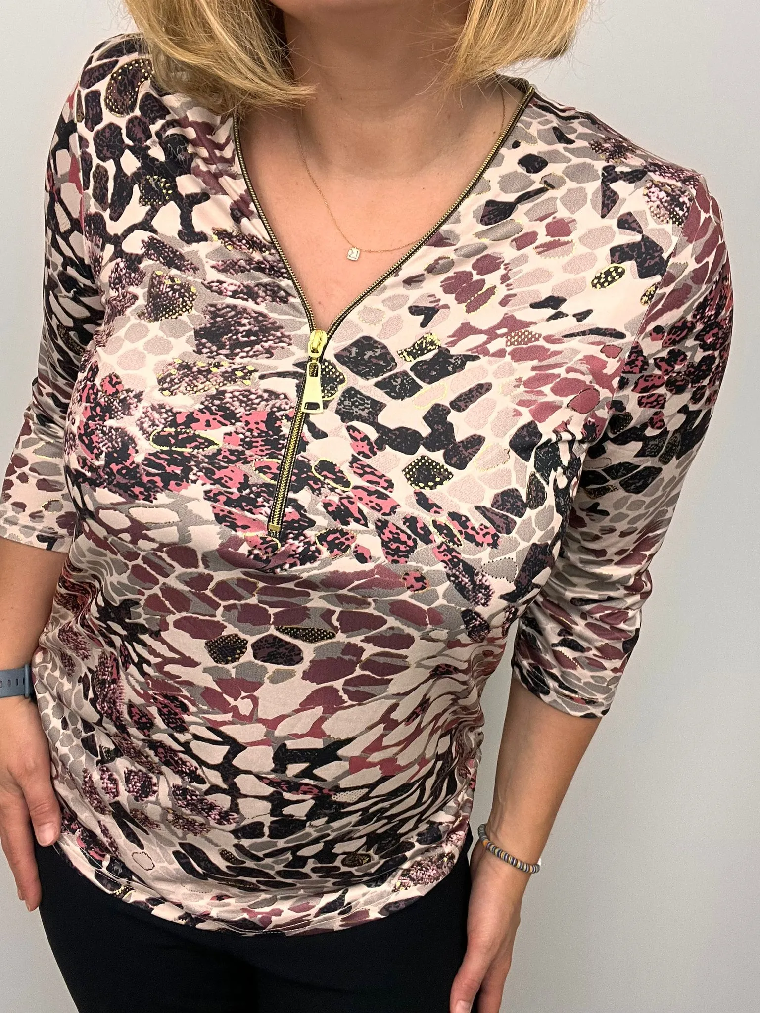 Ilona 3/4 sleeve Zip Top in Gorgeous Autumn colours 104