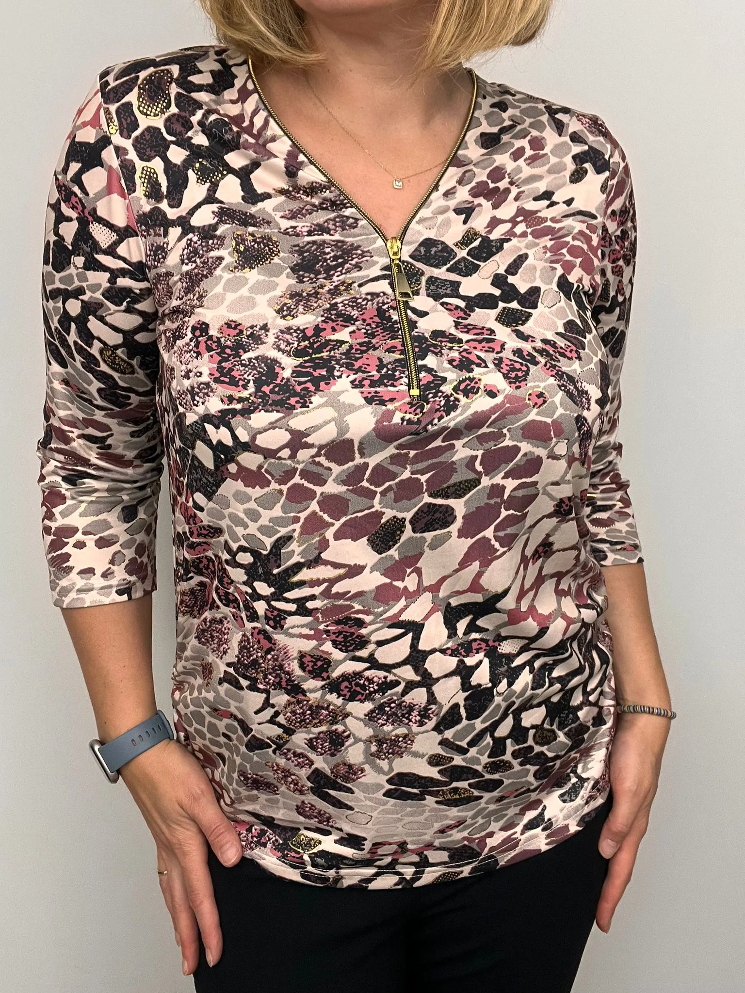 Ilona 3/4 sleeve Zip Top in Gorgeous Autumn colours 104