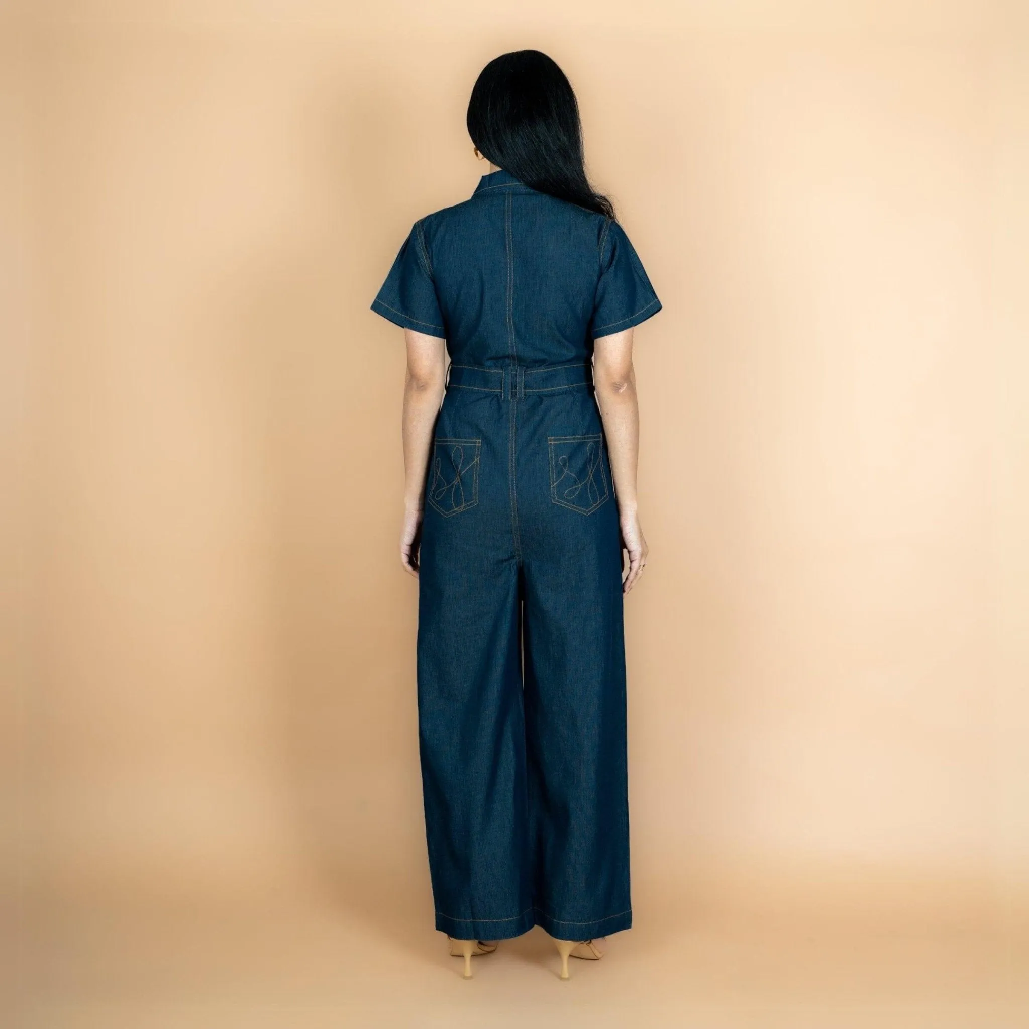 Indigo Cotton Denim Front Zipper Safari Jumpsuit