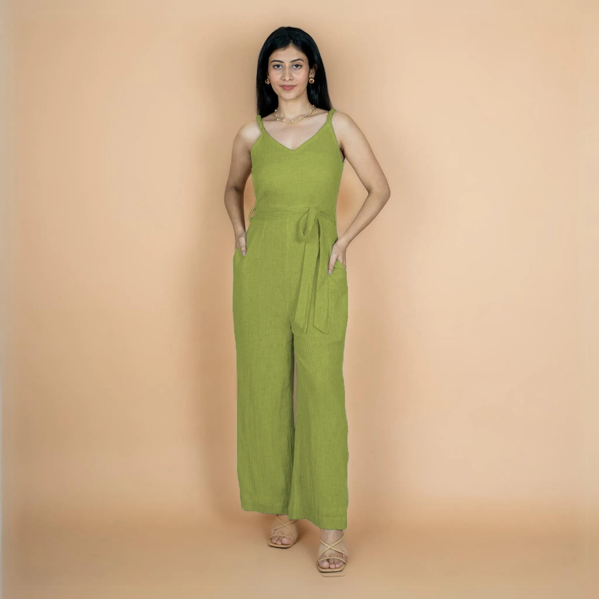 Leaf Green Crinkled Cotton Flax V-Neck Strap Sleeve Jumpsuit