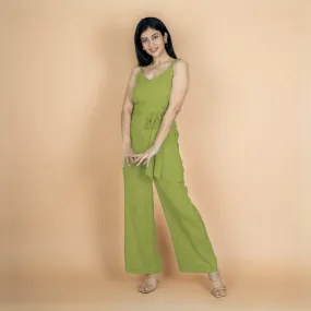 Leaf Green Crinkled Cotton Flax V-Neck Strap Sleeve Jumpsuit