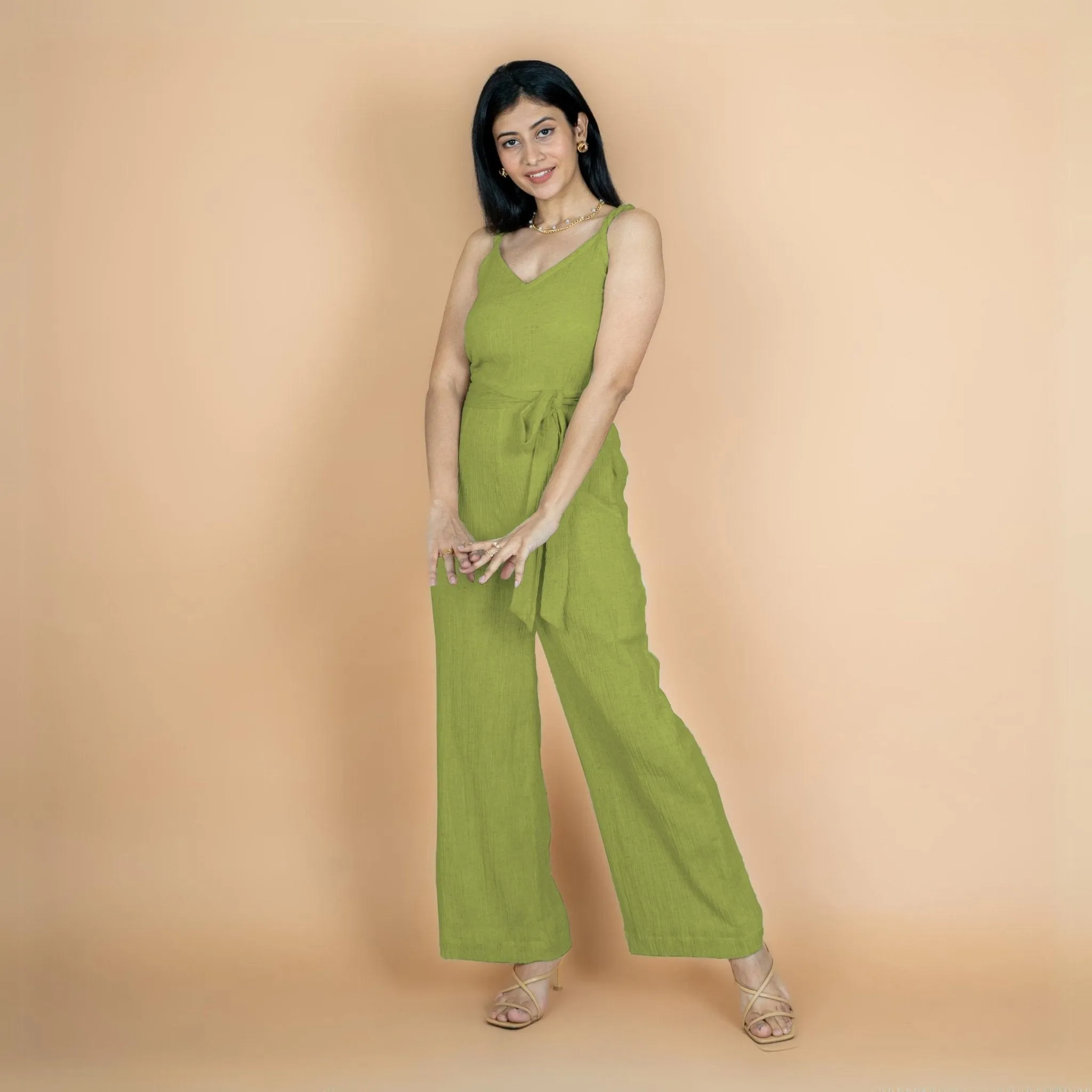 Leaf Green Crinkled Cotton Flax V-Neck Strap Sleeve Jumpsuit
