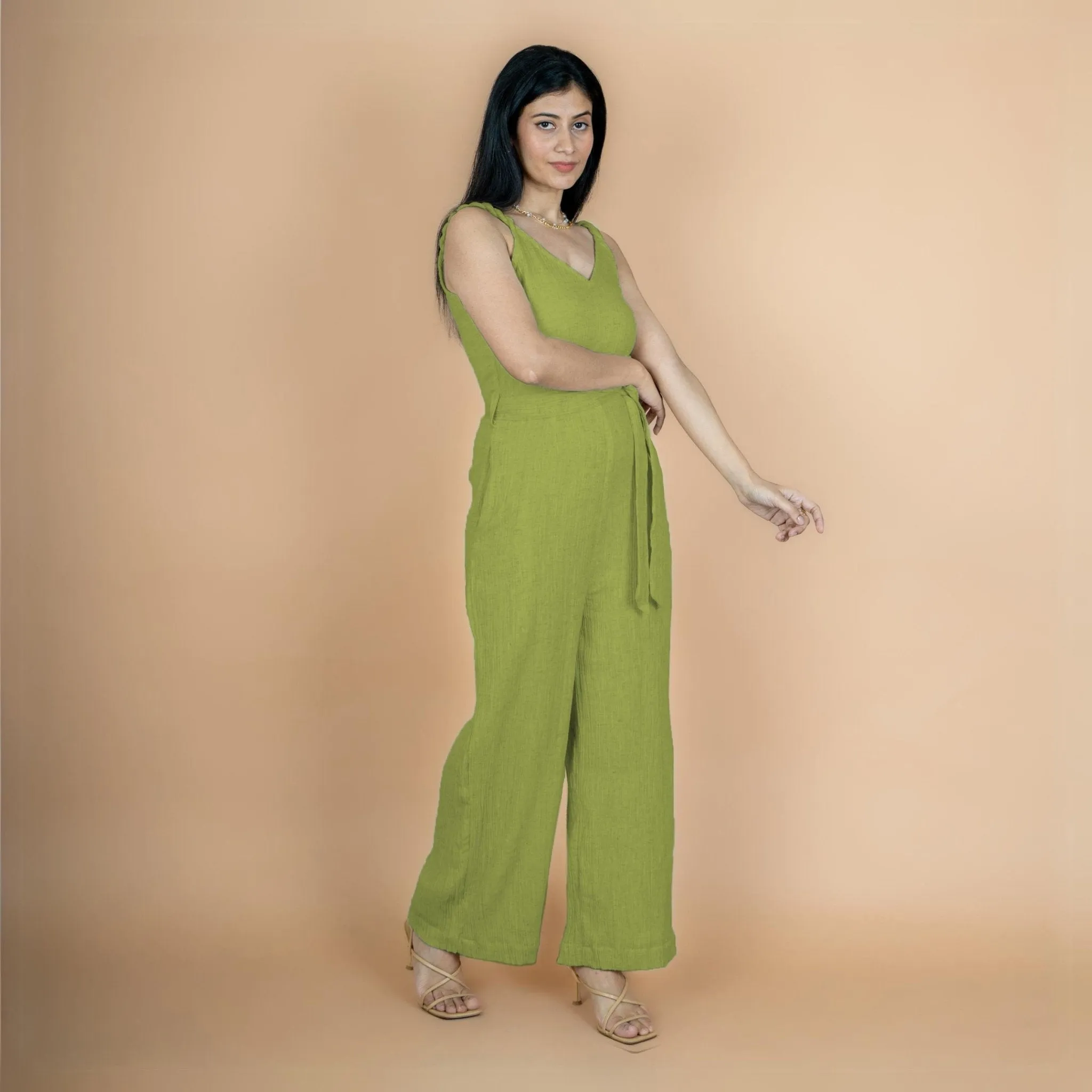 Leaf Green Crinkled Cotton Flax V-Neck Strap Sleeve Jumpsuit