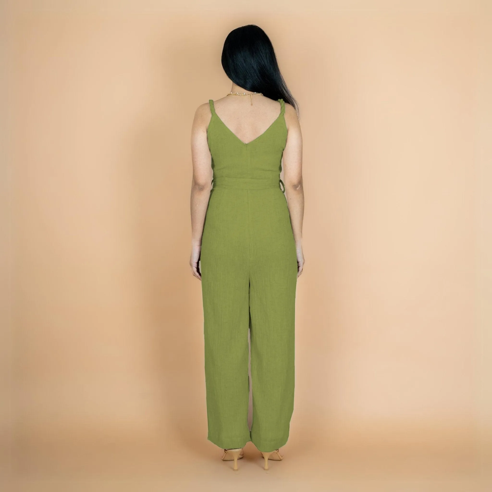 Leaf Green Crinkled Cotton Flax V-Neck Strap Sleeve Jumpsuit