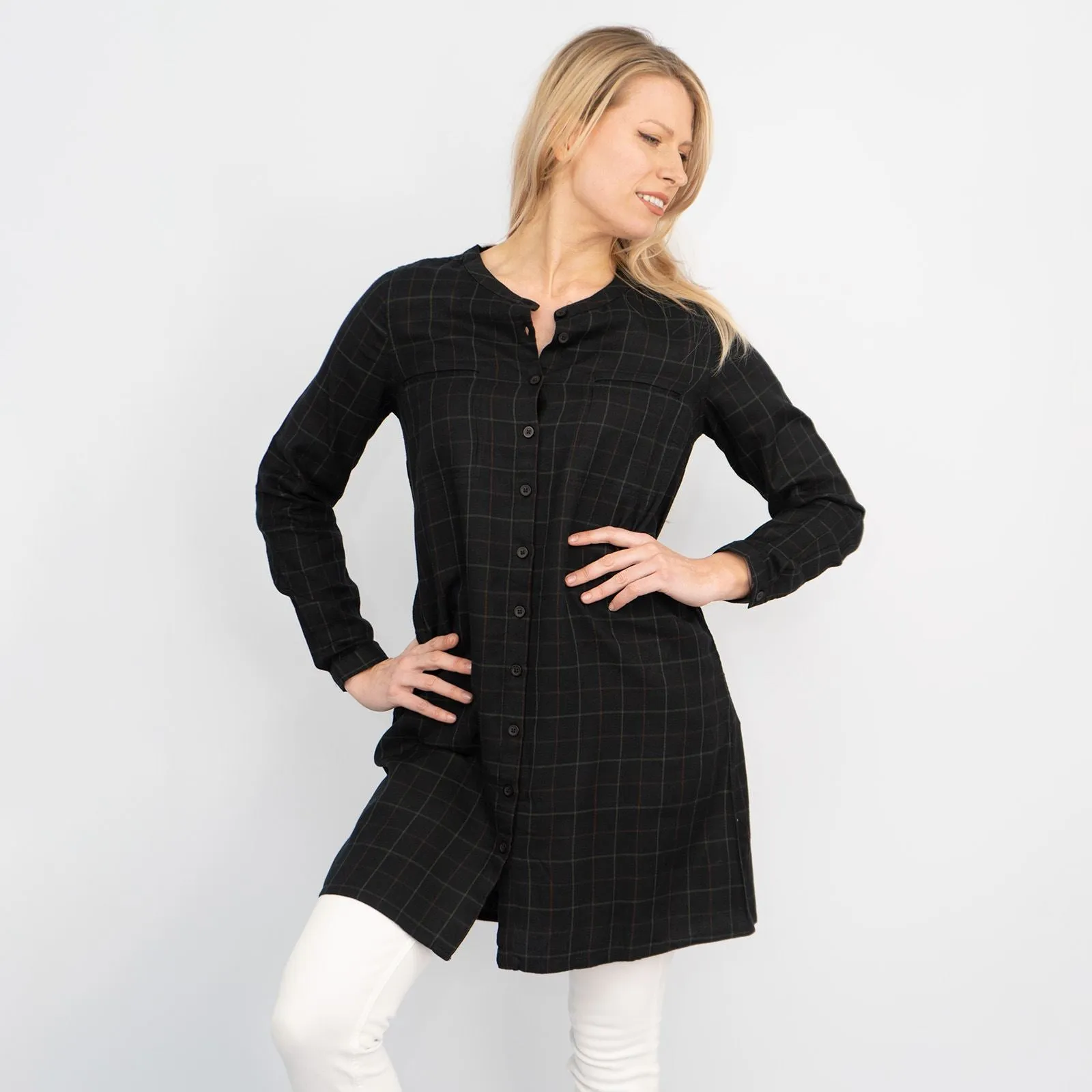 Long Sleeve Black Check Tunic Loose Longline Tops