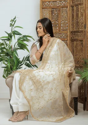Mahi Luxury Light Gold Organza Embroidered Dupatta/Chunni