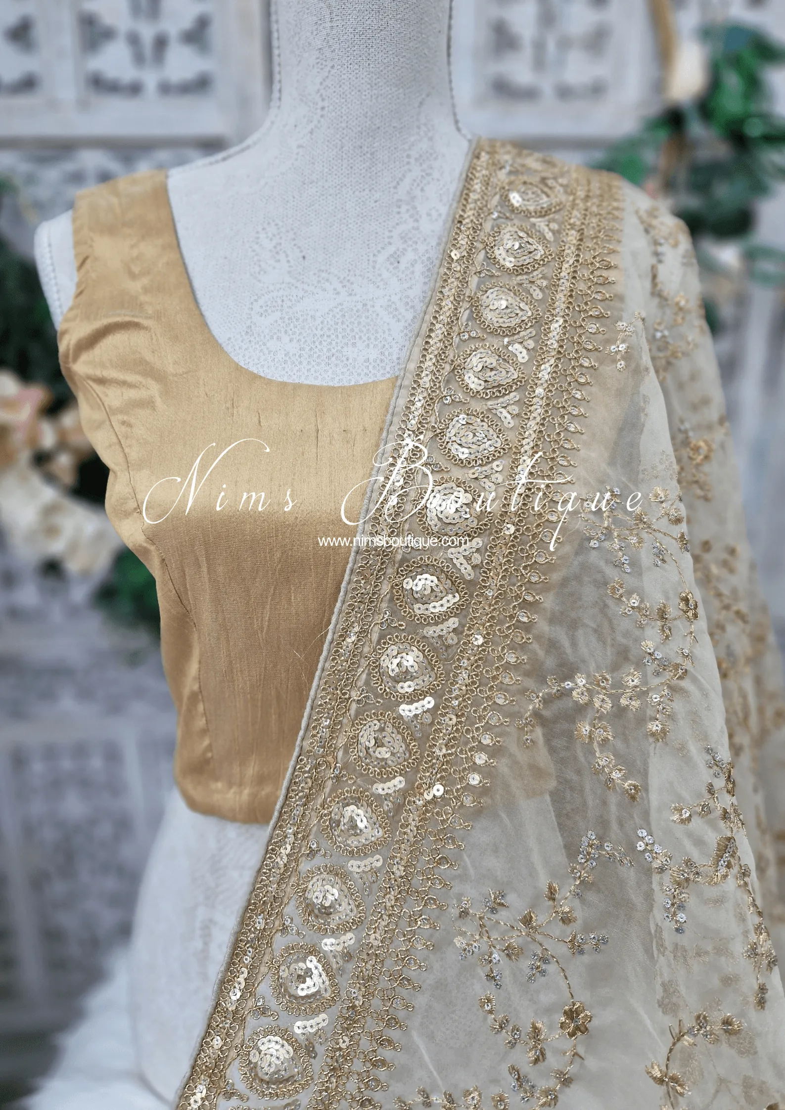 Mahi Luxury Light Gold Organza Embroidered Dupatta/Chunni
