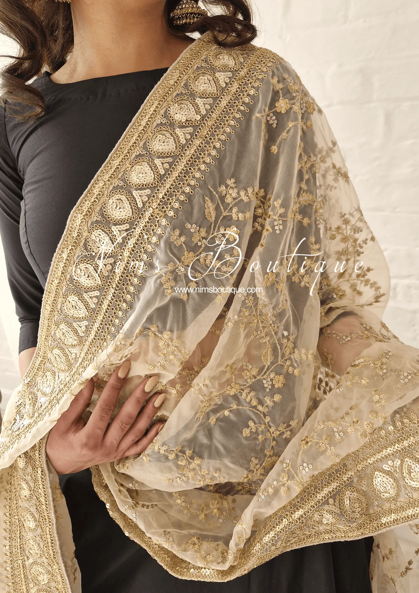Mahi Luxury Light Gold Organza Embroidered Dupatta/Chunni