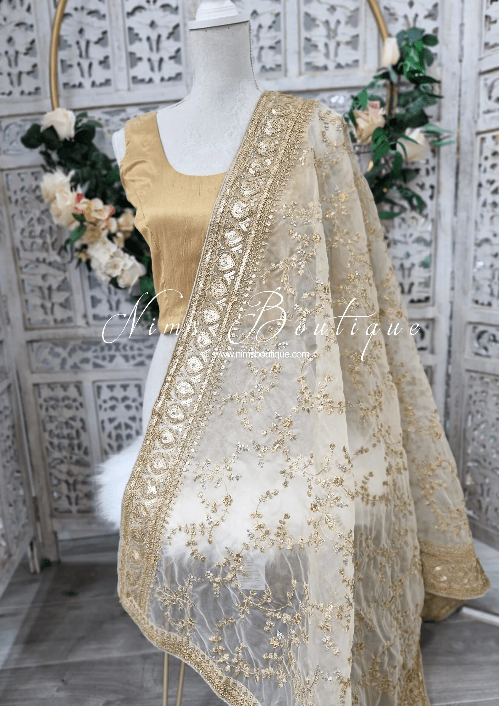 Mahi Luxury Light Gold Organza Embroidered Dupatta/Chunni