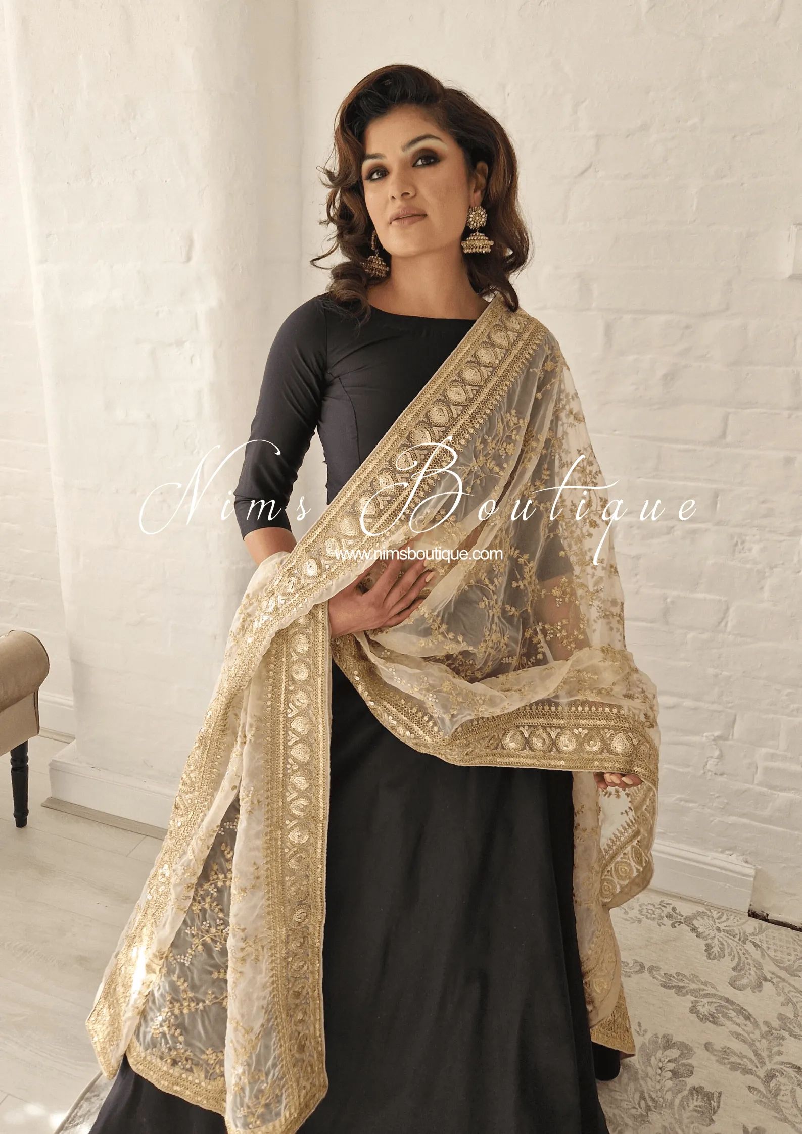 Mahi Luxury Light Gold Organza Embroidered Dupatta/Chunni