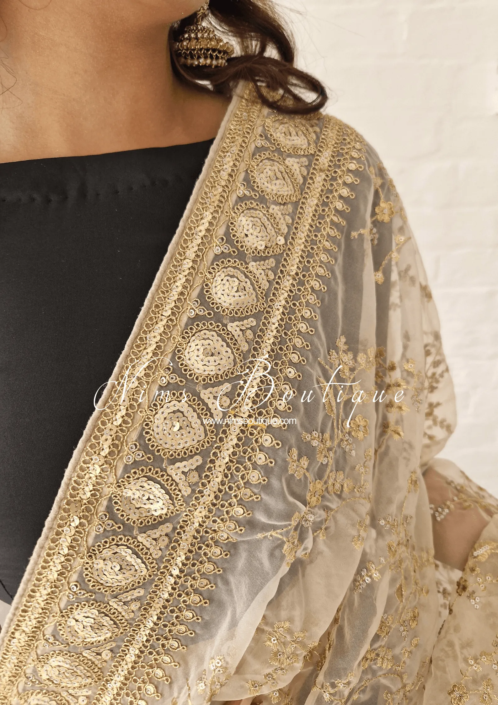 Mahi Luxury Light Gold Organza Embroidered Dupatta/Chunni