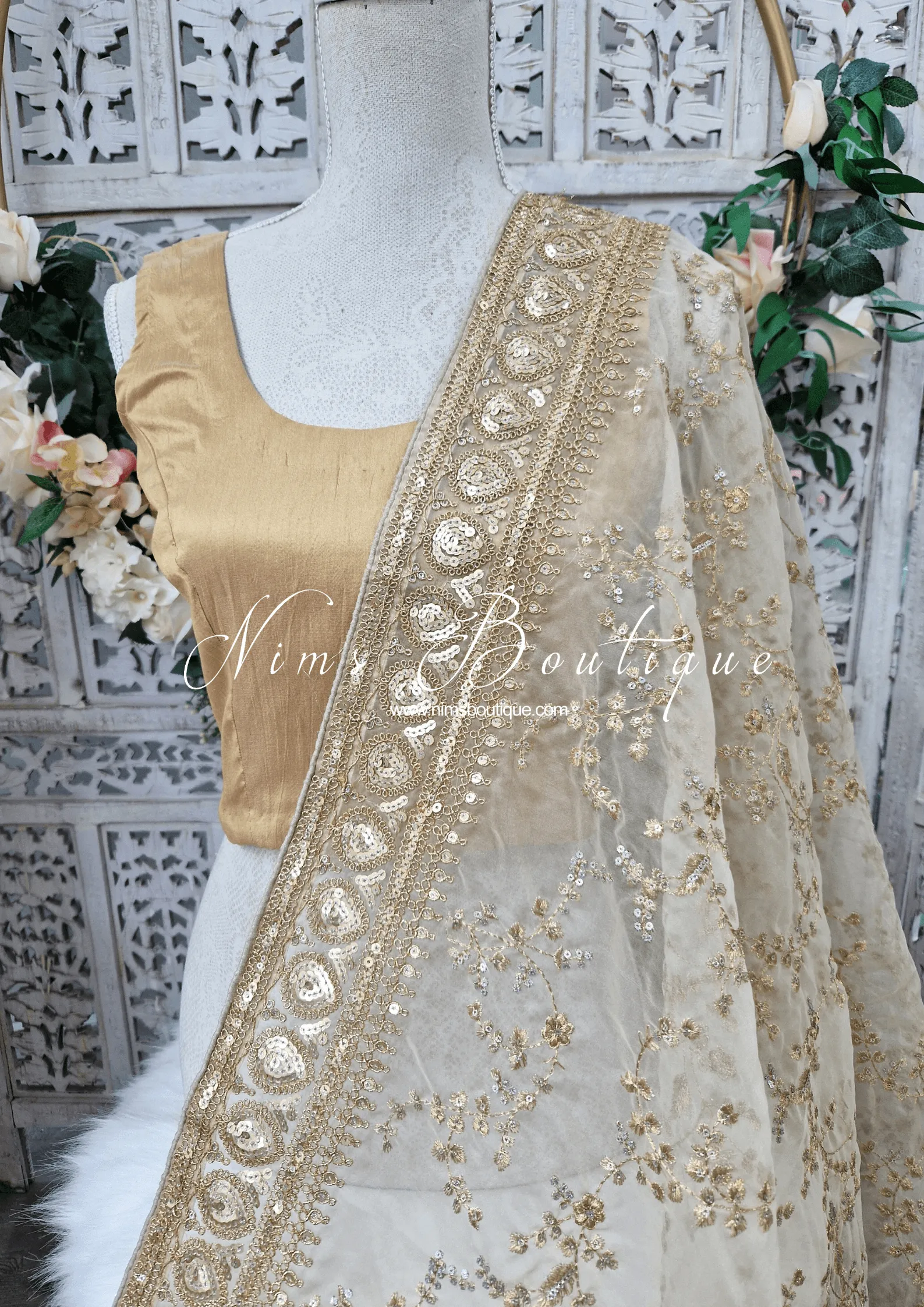 Mahi Luxury Light Gold Organza Embroidered Dupatta/Chunni