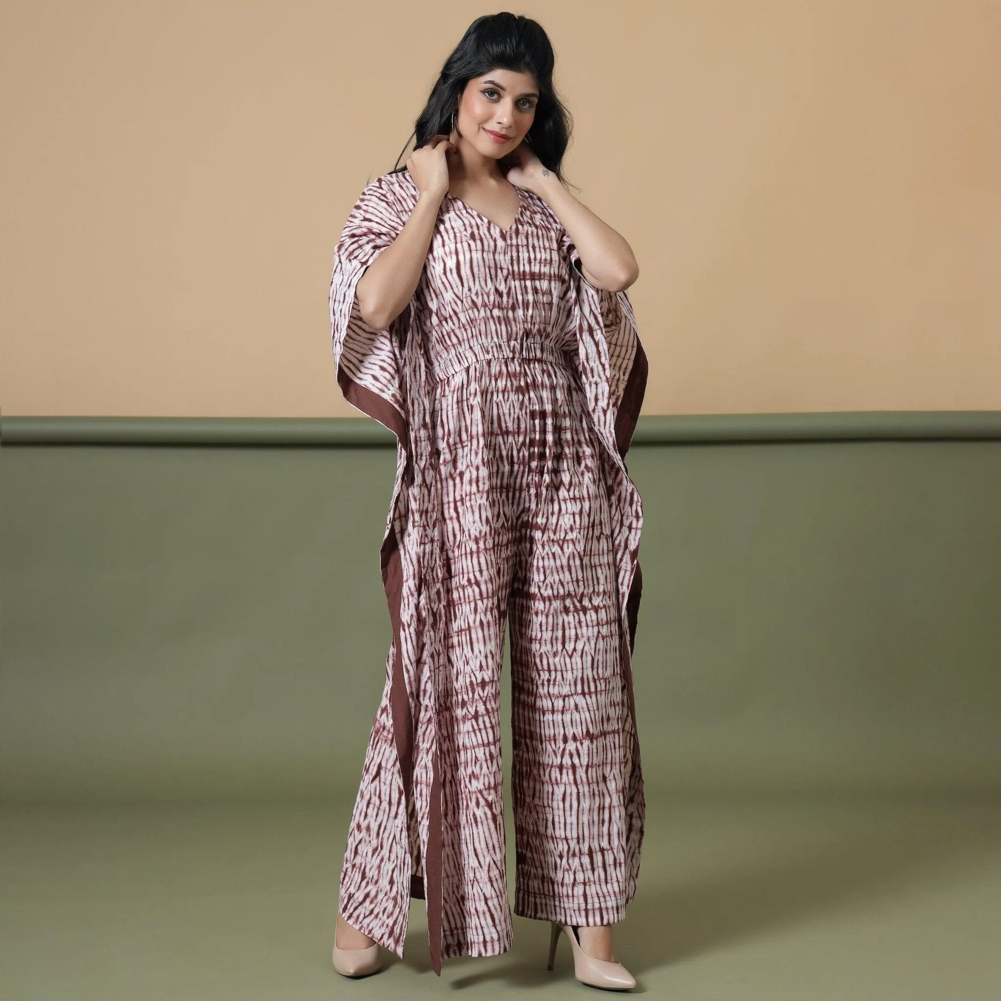 Maroon Tie-Dye Cotton V-Neck Kimono Sleeves Kaftan Jumpsuit