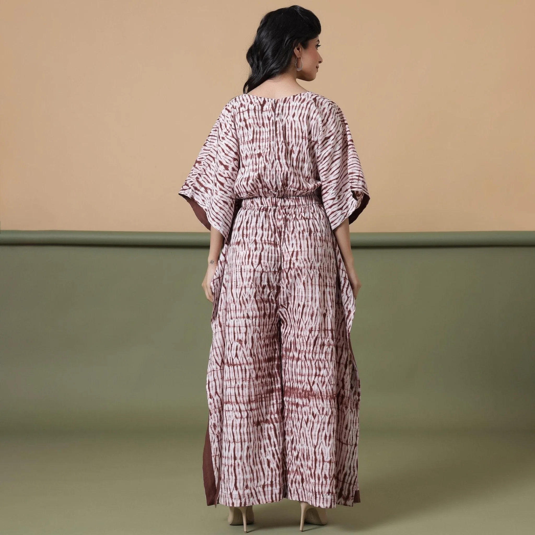 Maroon Tie-Dye Cotton V-Neck Kimono Sleeves Kaftan Jumpsuit