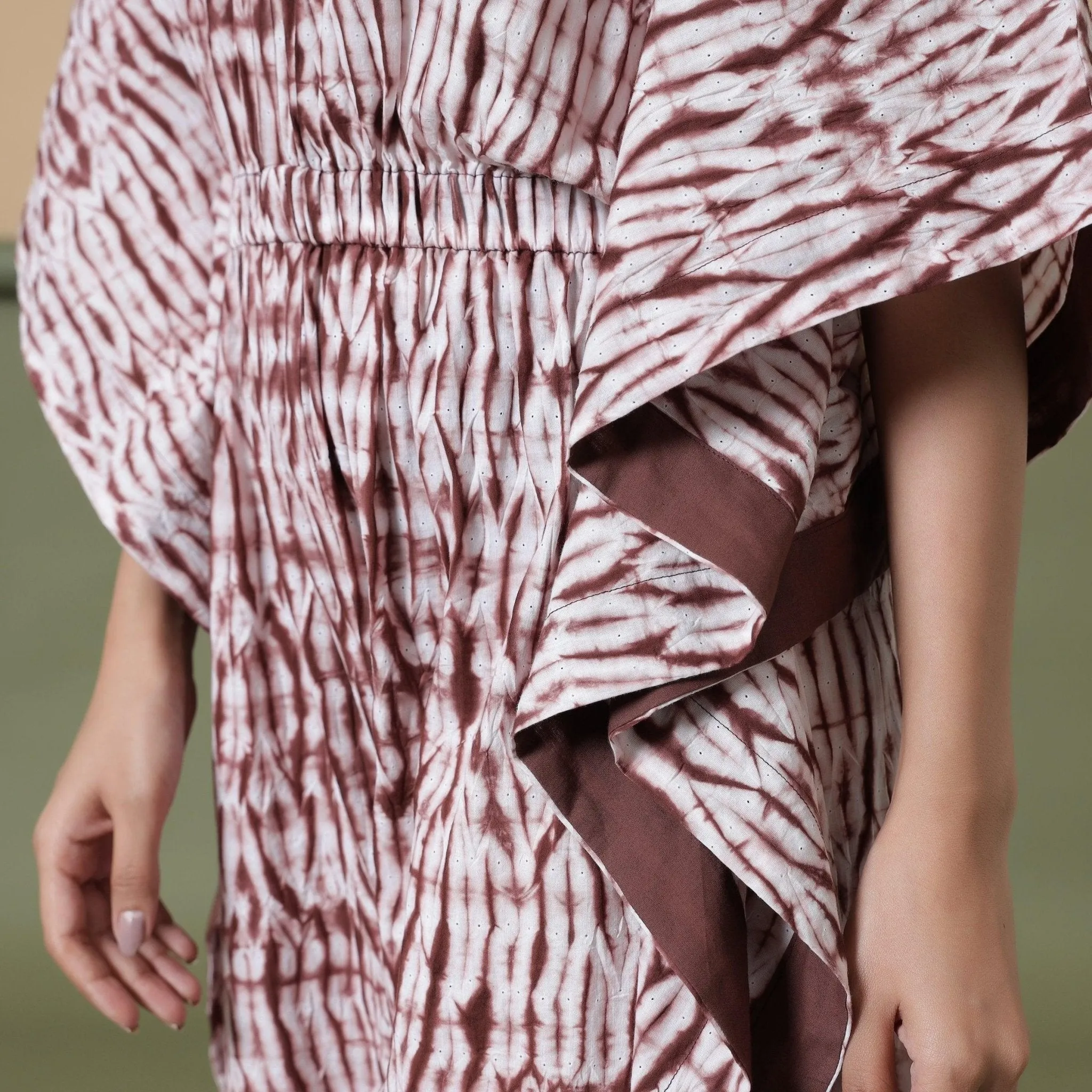 Maroon Tie-Dye Cotton V-Neck Kimono Sleeves Kaftan Jumpsuit