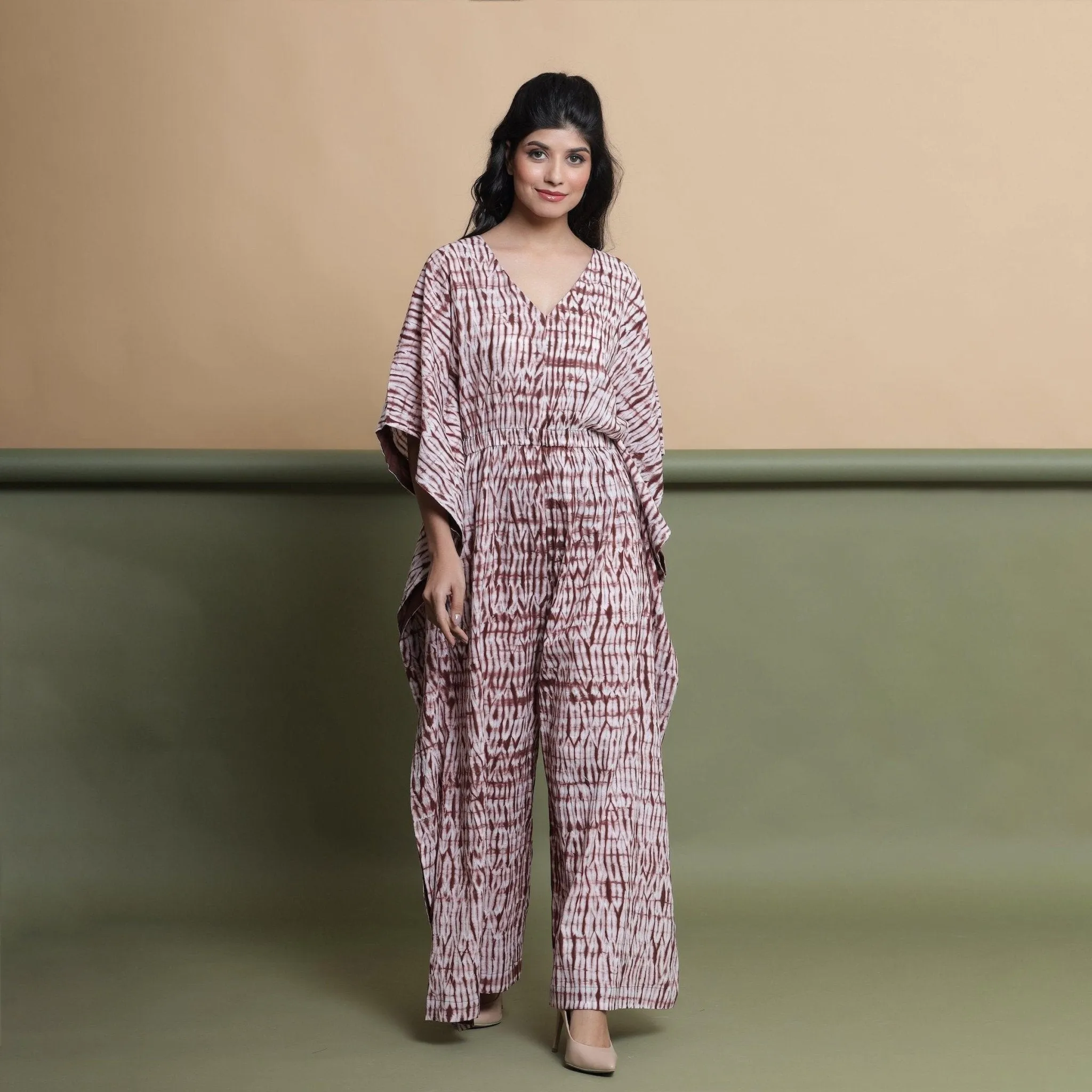Maroon Tie-Dye Cotton V-Neck Kimono Sleeves Kaftan Jumpsuit