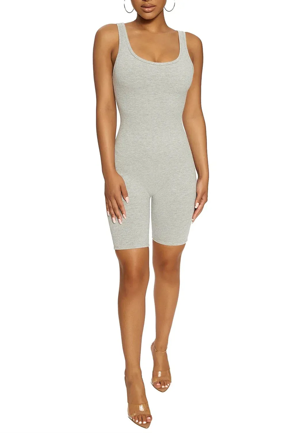 MB FASHION Sleeveless Ribbed Knit Fitted One-Piece Biker Jumpsuit 416-2
