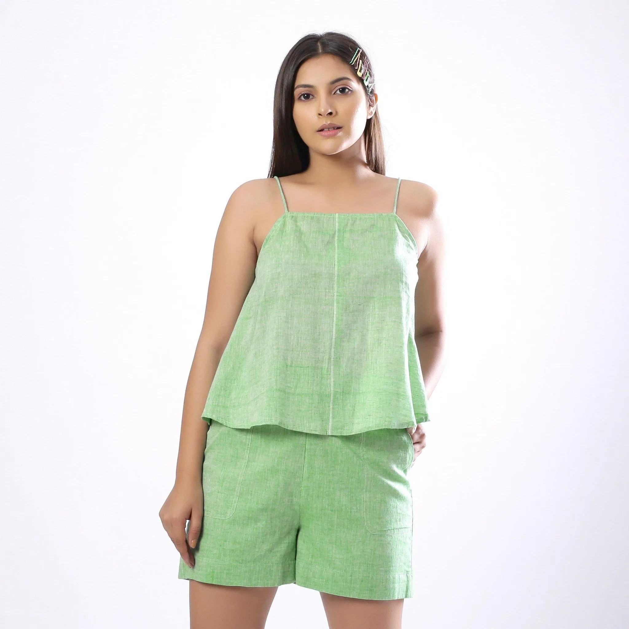 Mint Green Handspun Cotton Strap Flared Camisole Top