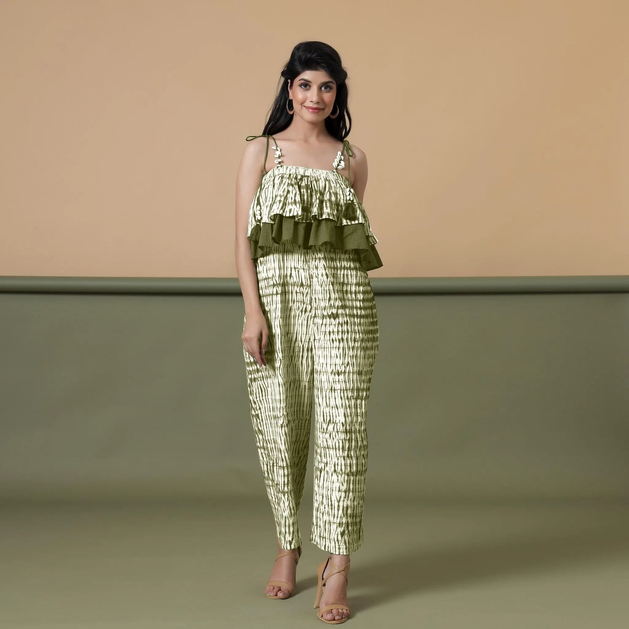 Moss Green Tie-Dye Ankle Length Cotton Camisole Jumpsuit