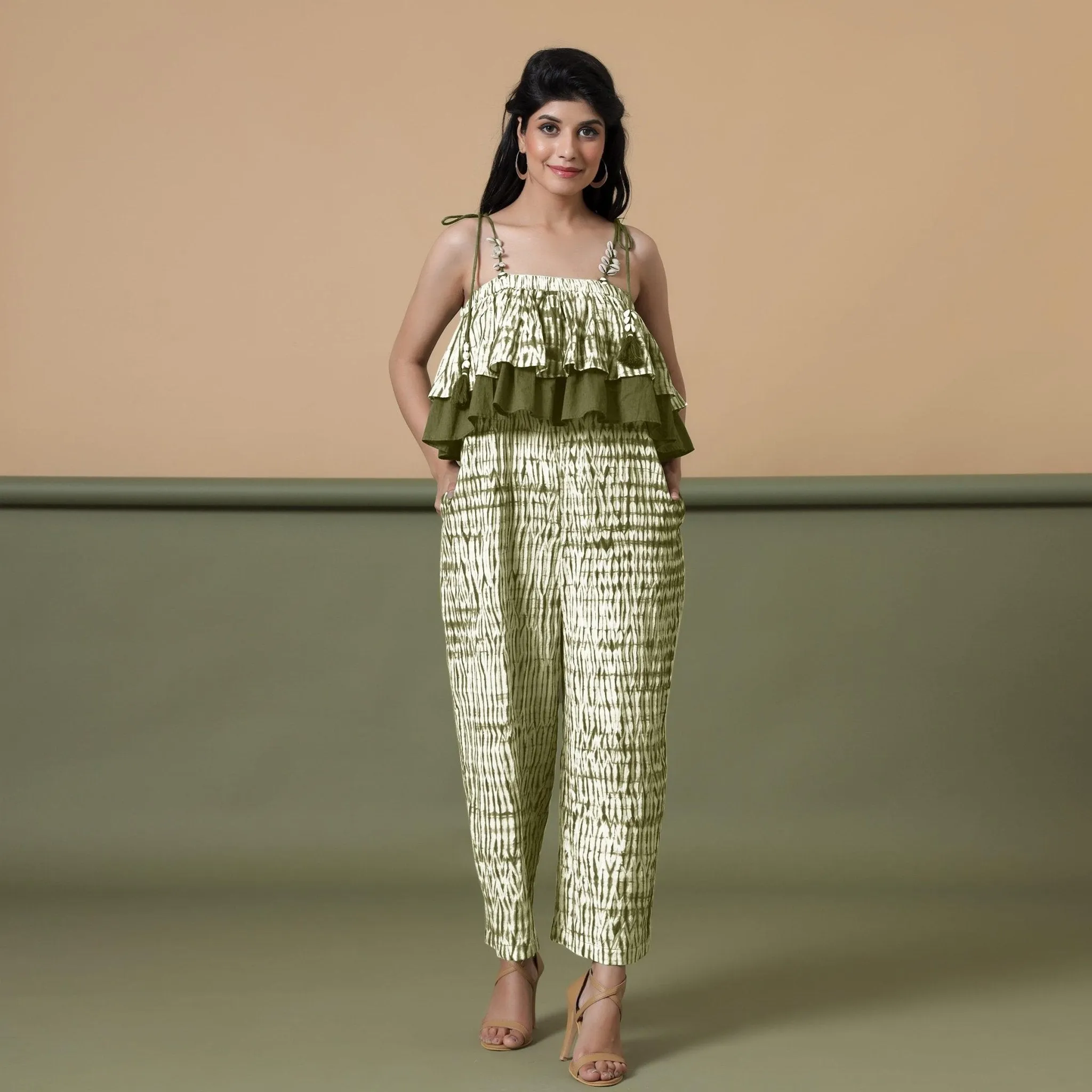 Moss Green Tie-Dye Ankle Length Cotton Camisole Jumpsuit