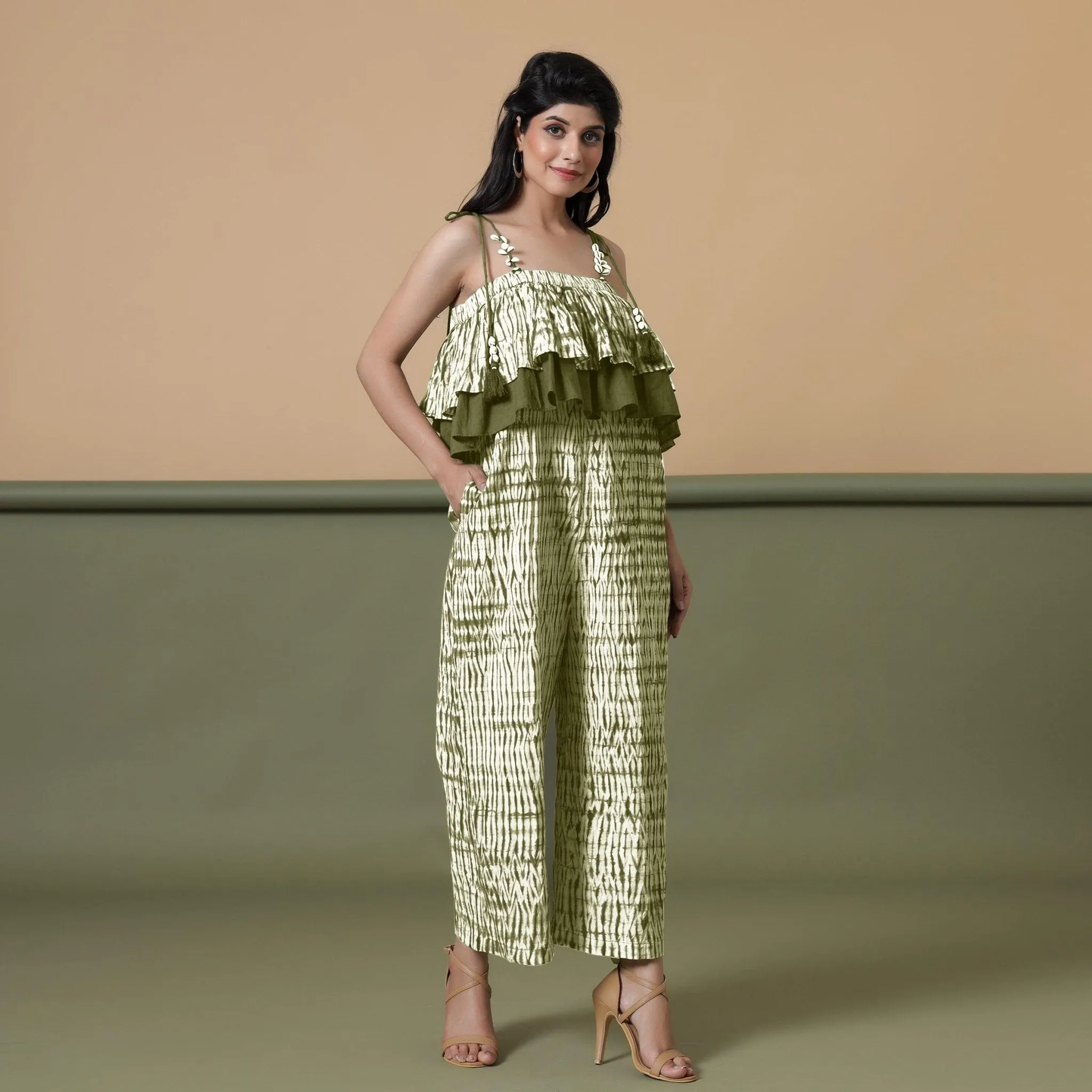 Moss Green Tie-Dye Ankle Length Cotton Camisole Jumpsuit