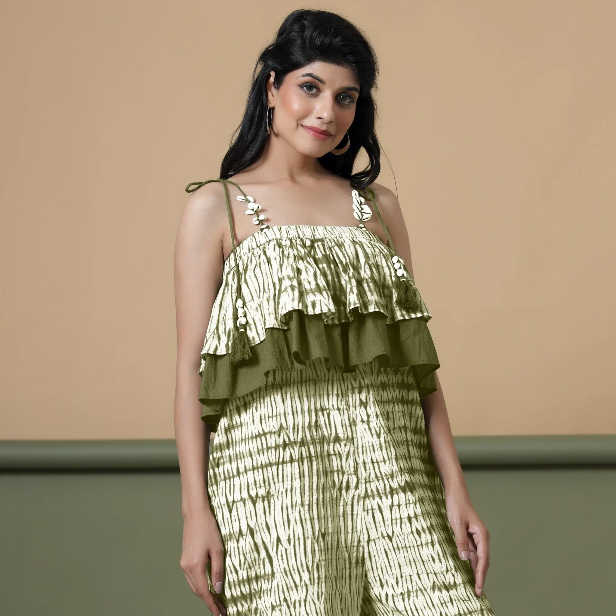 Moss Green Tie-Dye Ankle Length Cotton Camisole Jumpsuit
