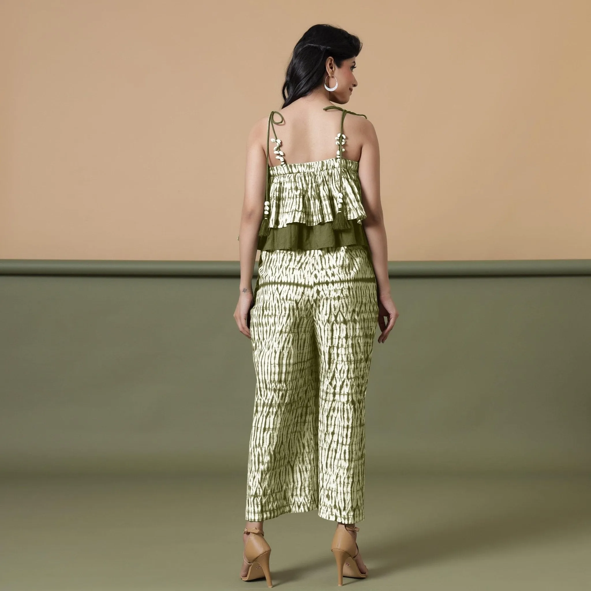 Moss Green Tie-Dye Ankle Length Cotton Camisole Jumpsuit