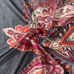Navy and Black Herringbone Paisley Print Chiffon Fabric