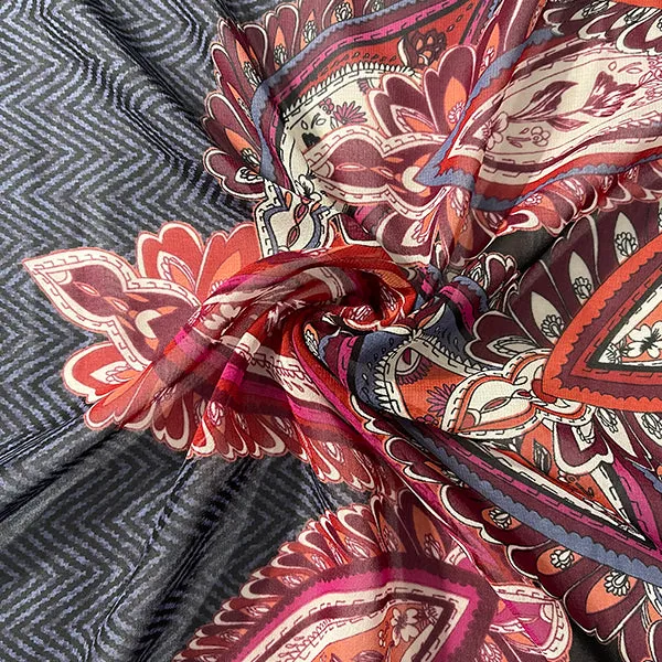 Navy and Black Herringbone Paisley Print Chiffon Fabric