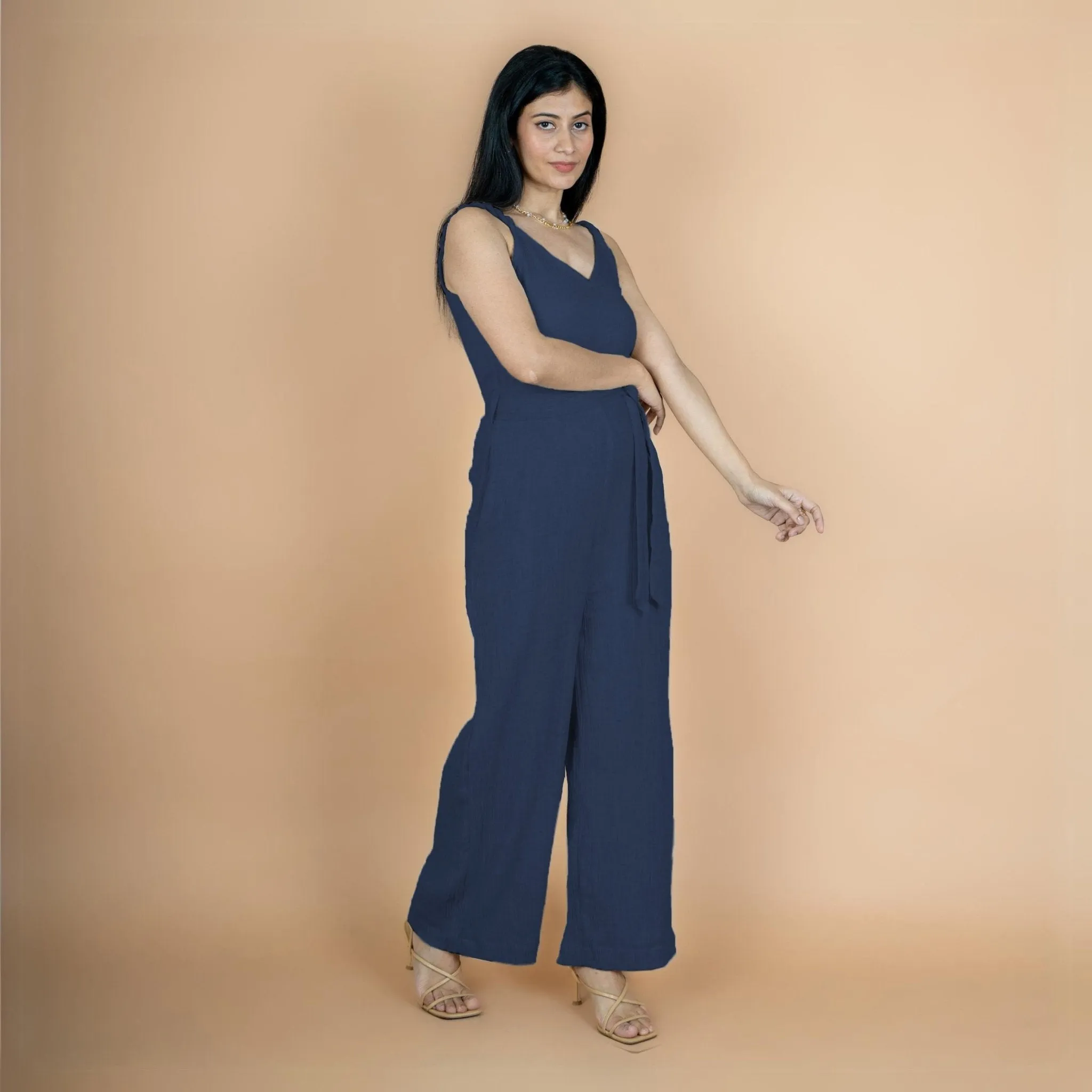 Navy Blue Crinkled Cotton Flax V-Neck Strap Sleeve Jumpsuit