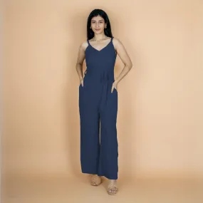 Navy Blue Crinkled Cotton Flax V-Neck Strap Sleeve Jumpsuit