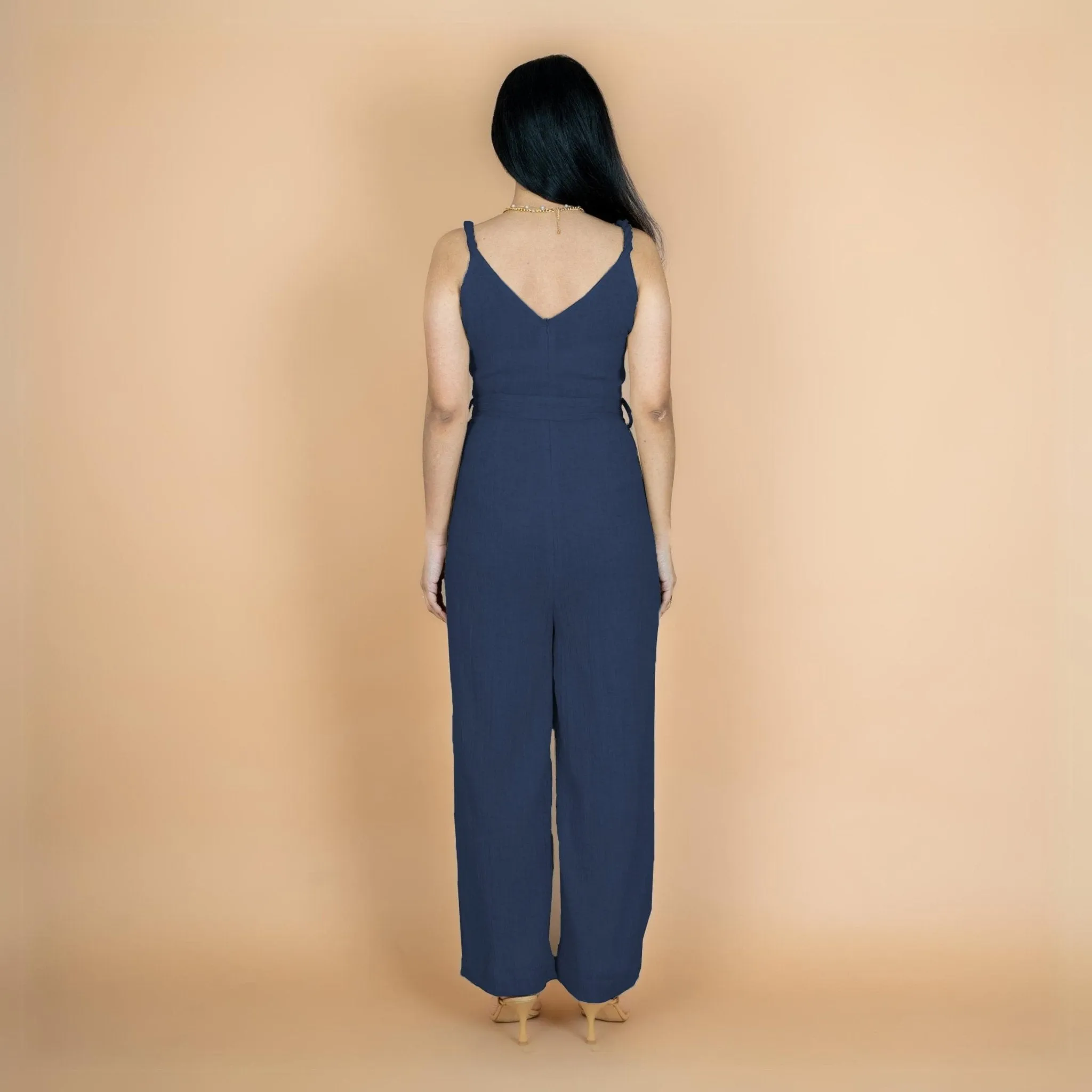 Navy Blue Crinkled Cotton Flax V-Neck Strap Sleeve Jumpsuit