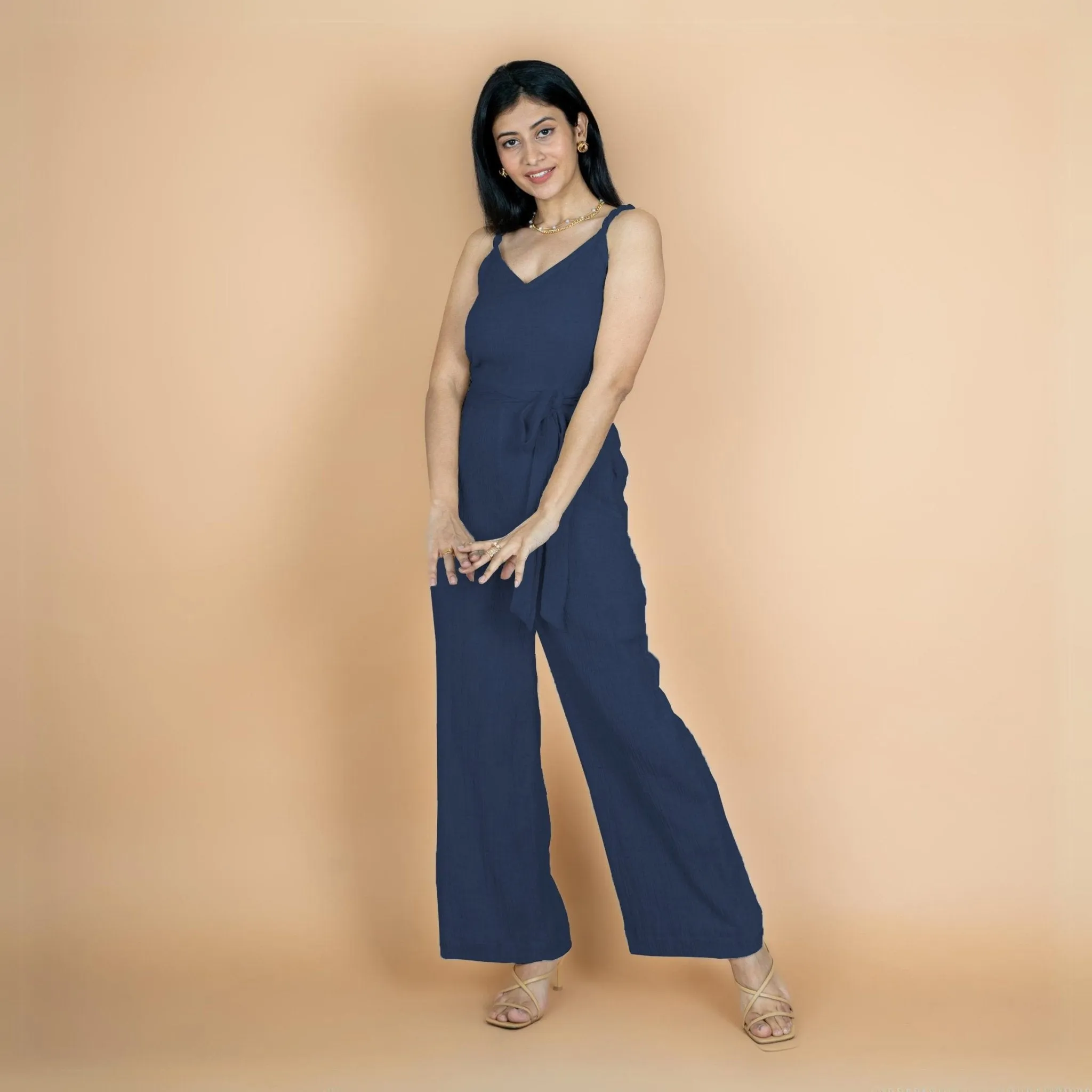 Navy Blue Crinkled Cotton Flax V-Neck Strap Sleeve Jumpsuit