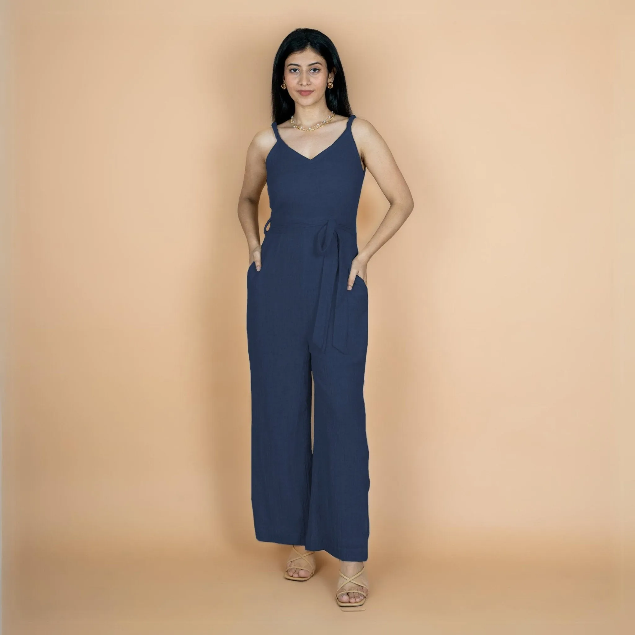 Navy Blue Crinkled Cotton Flax V-Neck Strap Sleeve Jumpsuit