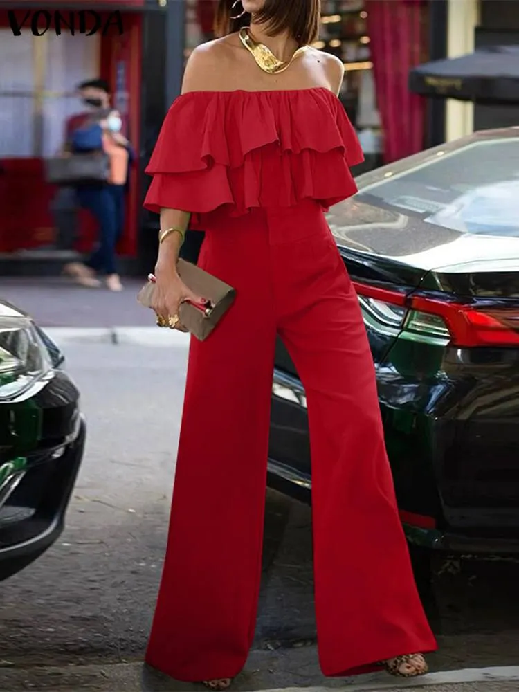 Off-Shoulder Ruffled Wideleg Rompers