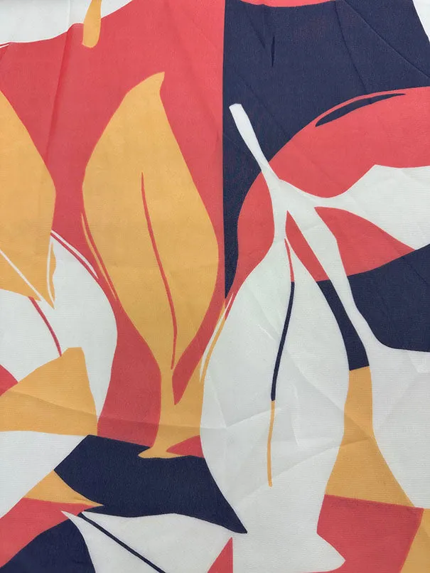 Orange Multi Leaf Print Poly Chiffon Fabric