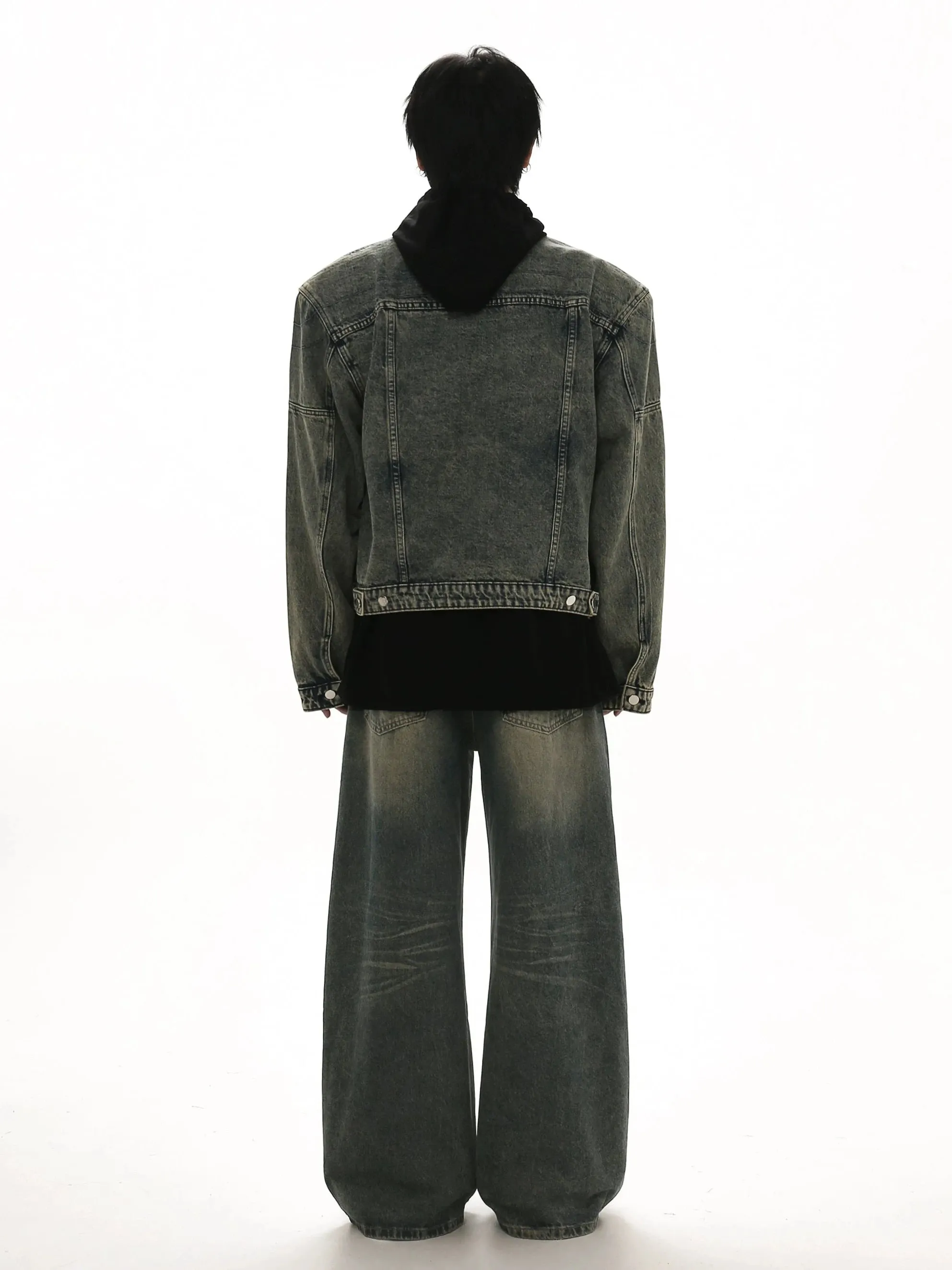 Oversized Wide-Fit Denim Racer Jacket with Zippered Pockets